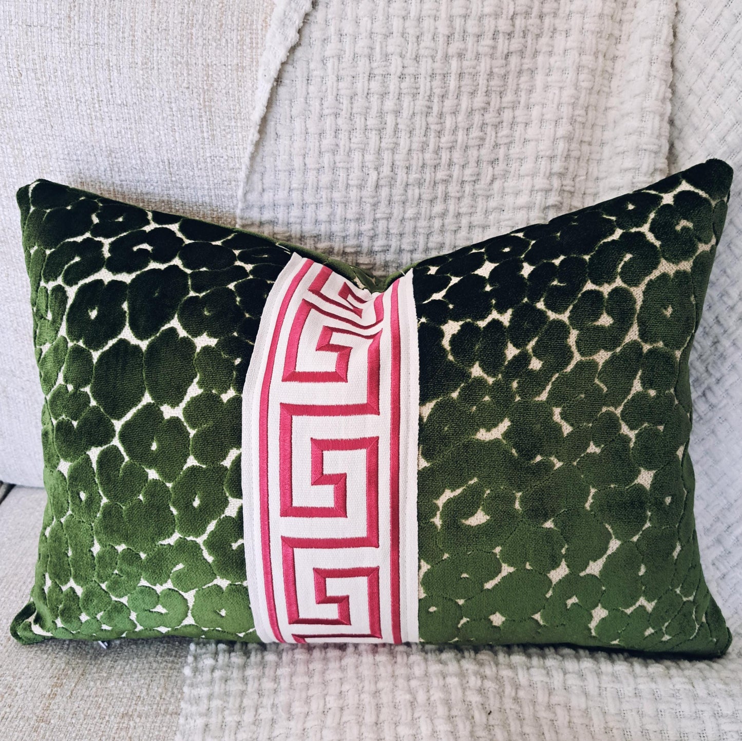 Jewel Green Leapard print velvet pillow cover with Pink Key Trim