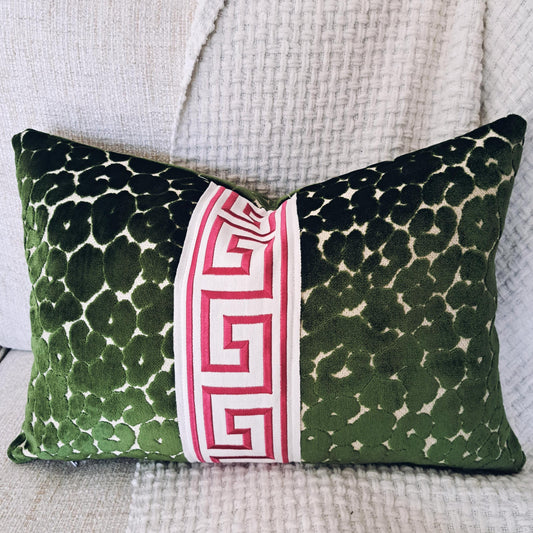 Jewel Green Leapard print velvet pillow cover with Pink Key Trim