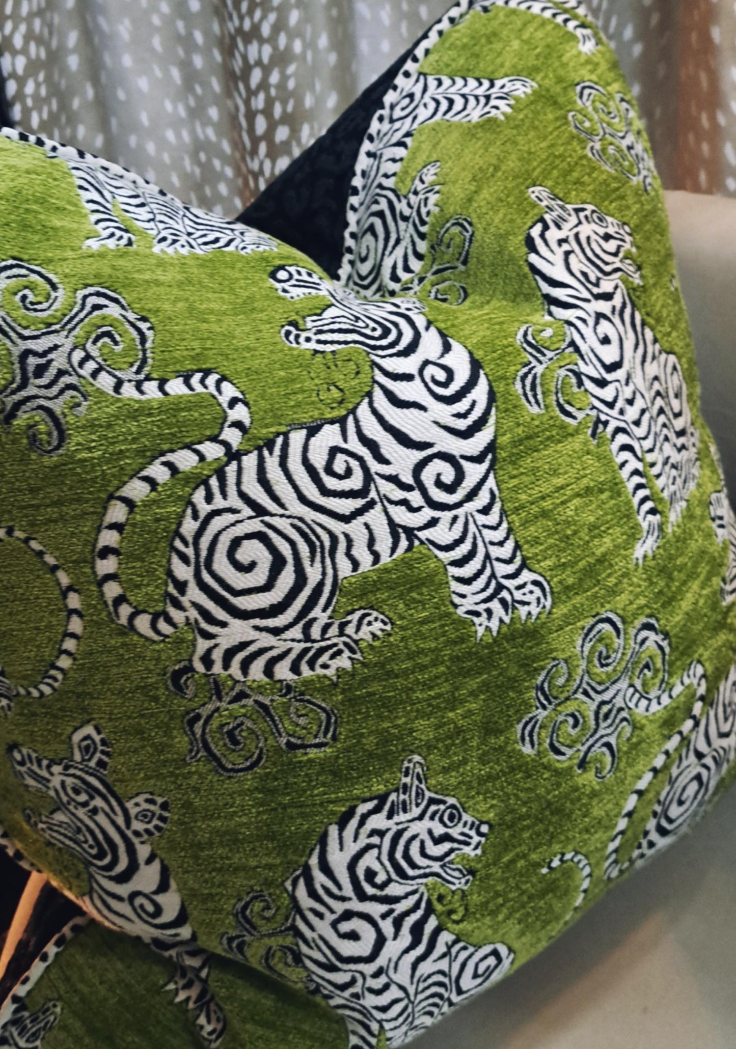 Bengal Tiger Apple Green Pillow Cover Black and White Trim