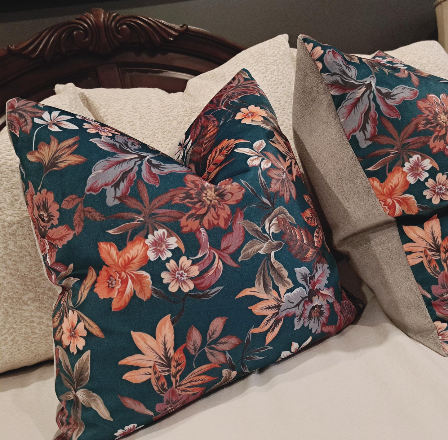 Teal and Grey Velvet Floral Pillow Cover