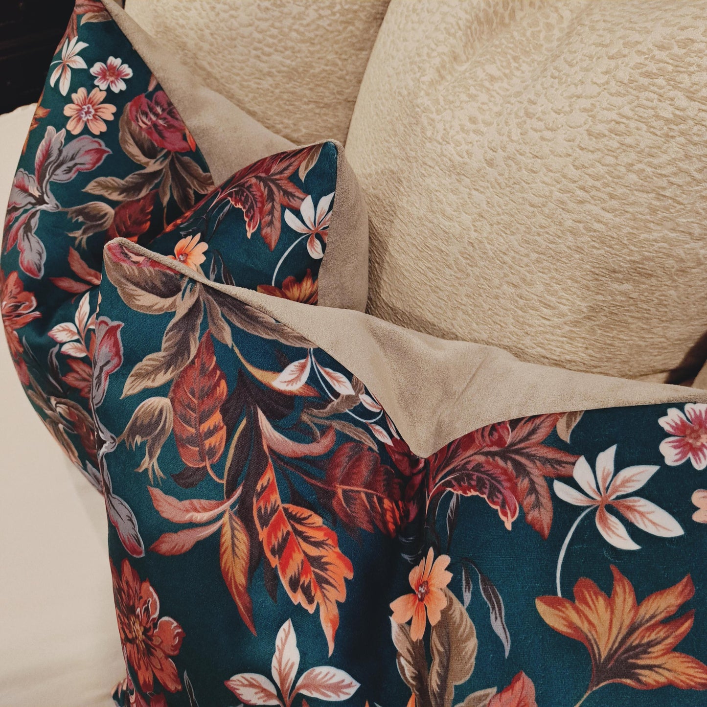 Teal and Grey Velvet Floral Pillow Cover