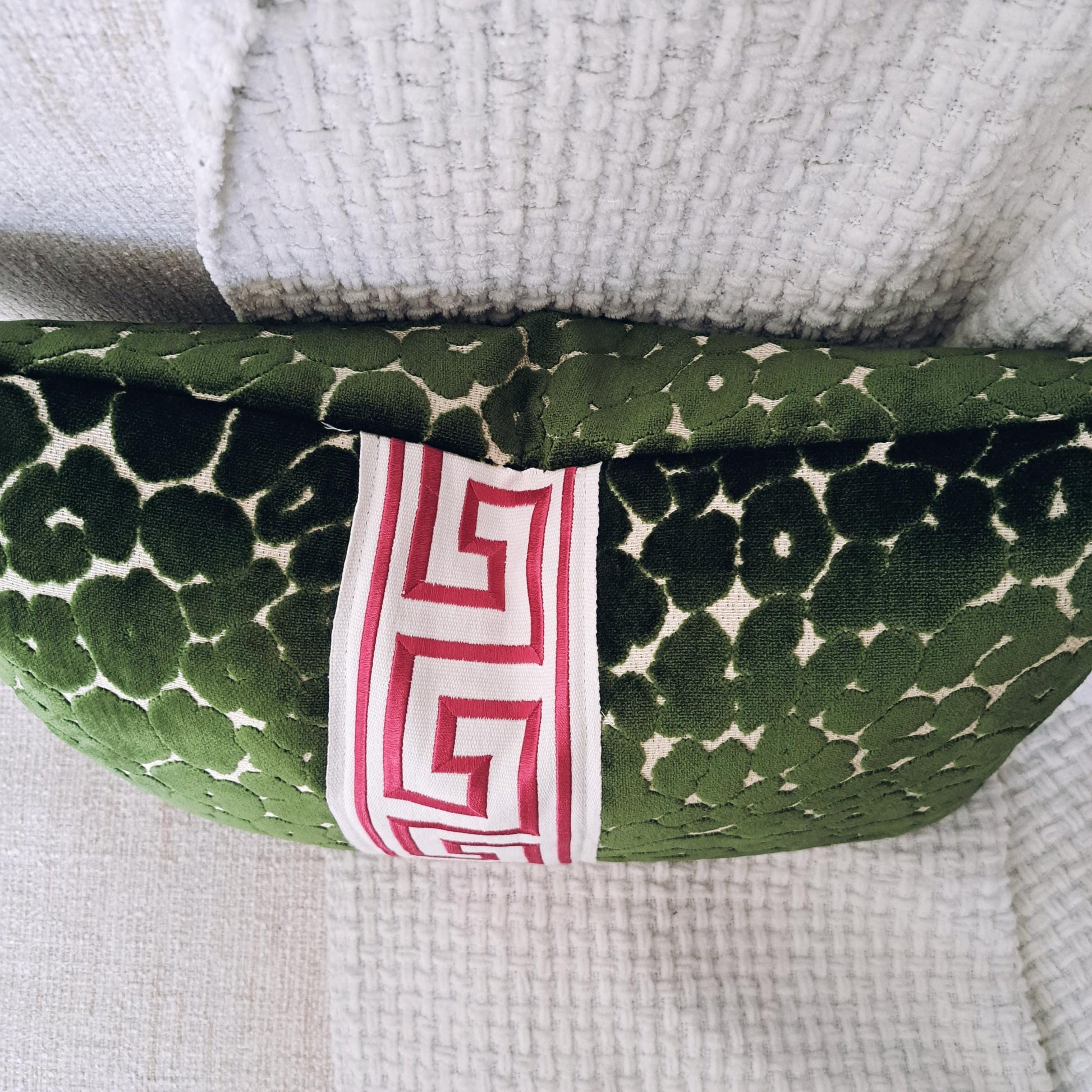 Jewel Green Leapard print velvet pillow cover with Pink Key Trim