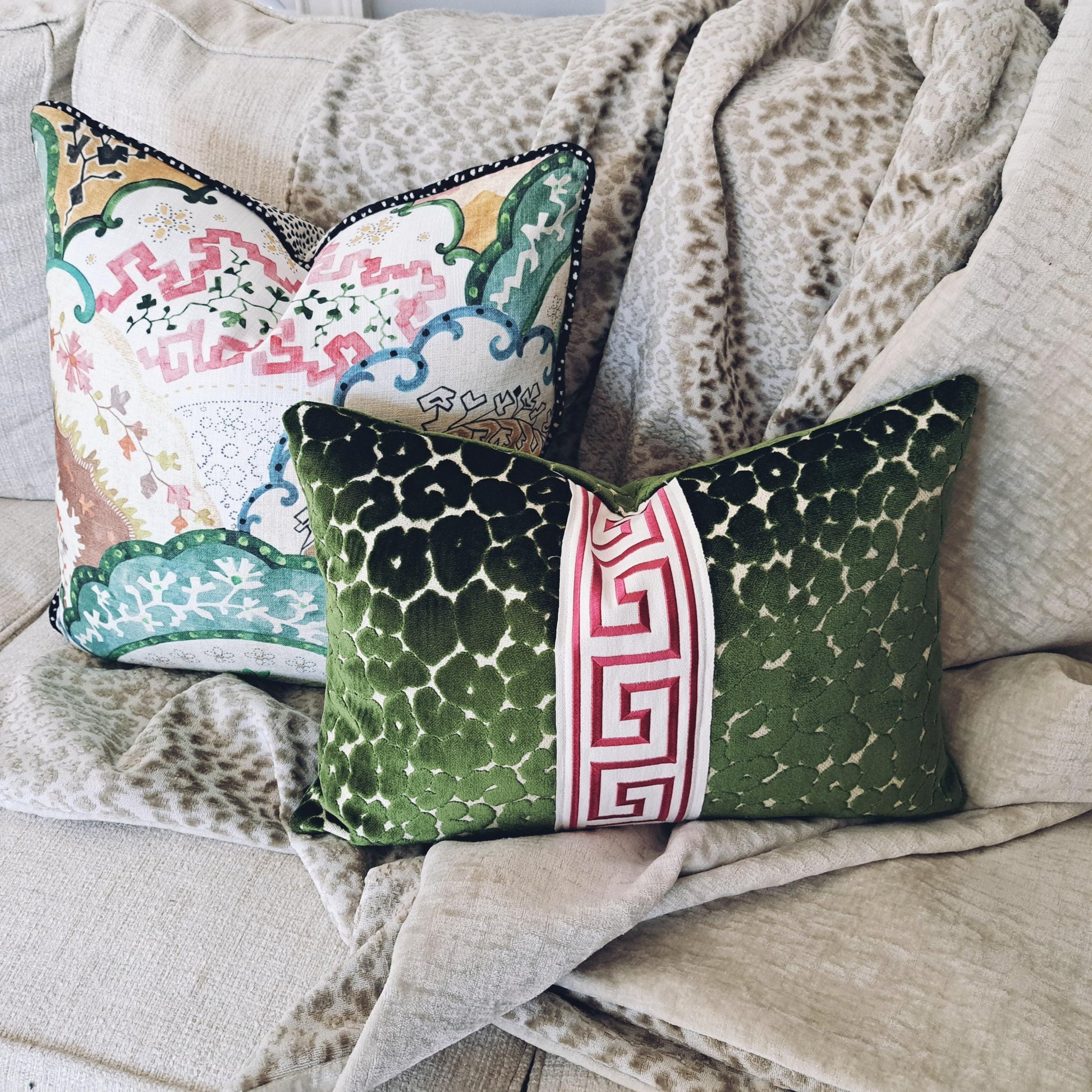 Jewel Green Leapard print velvet pillow cover with Pink Key Trim