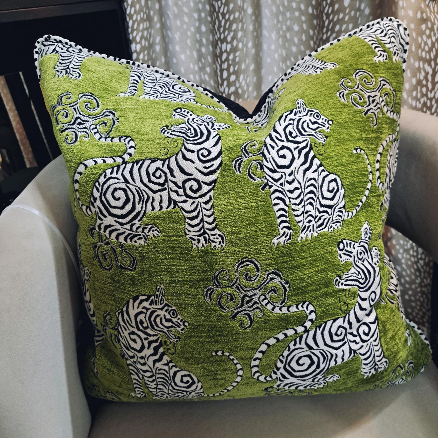 Bengal Tiger Apple Green Pillow Cover Black and White Trim