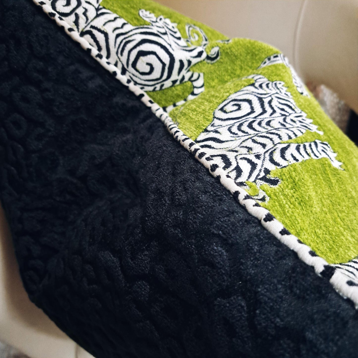 Bengal Tiger Apple Green Pillow Cover Black and White Trim