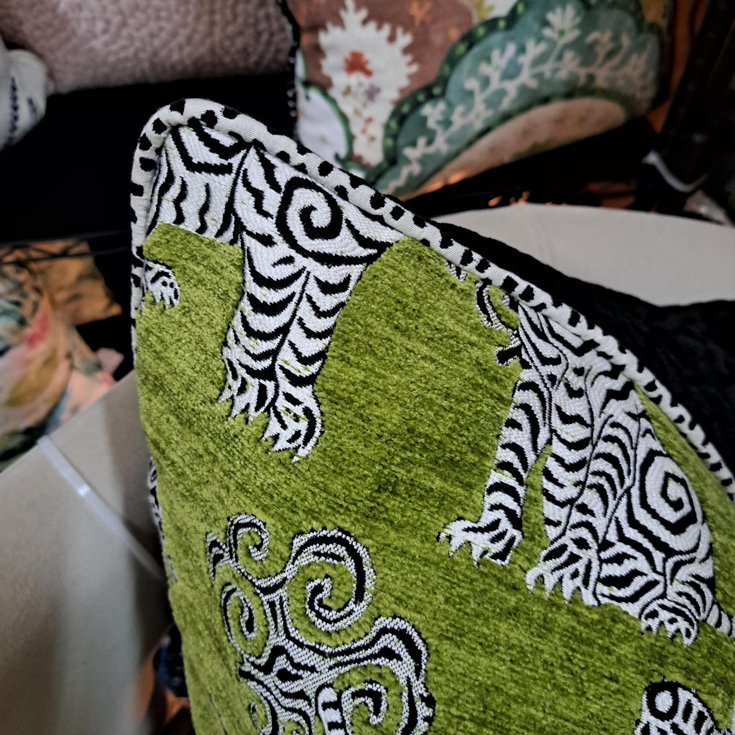 Bengal Tiger Apple Green Pillow Cover Black and White Trim