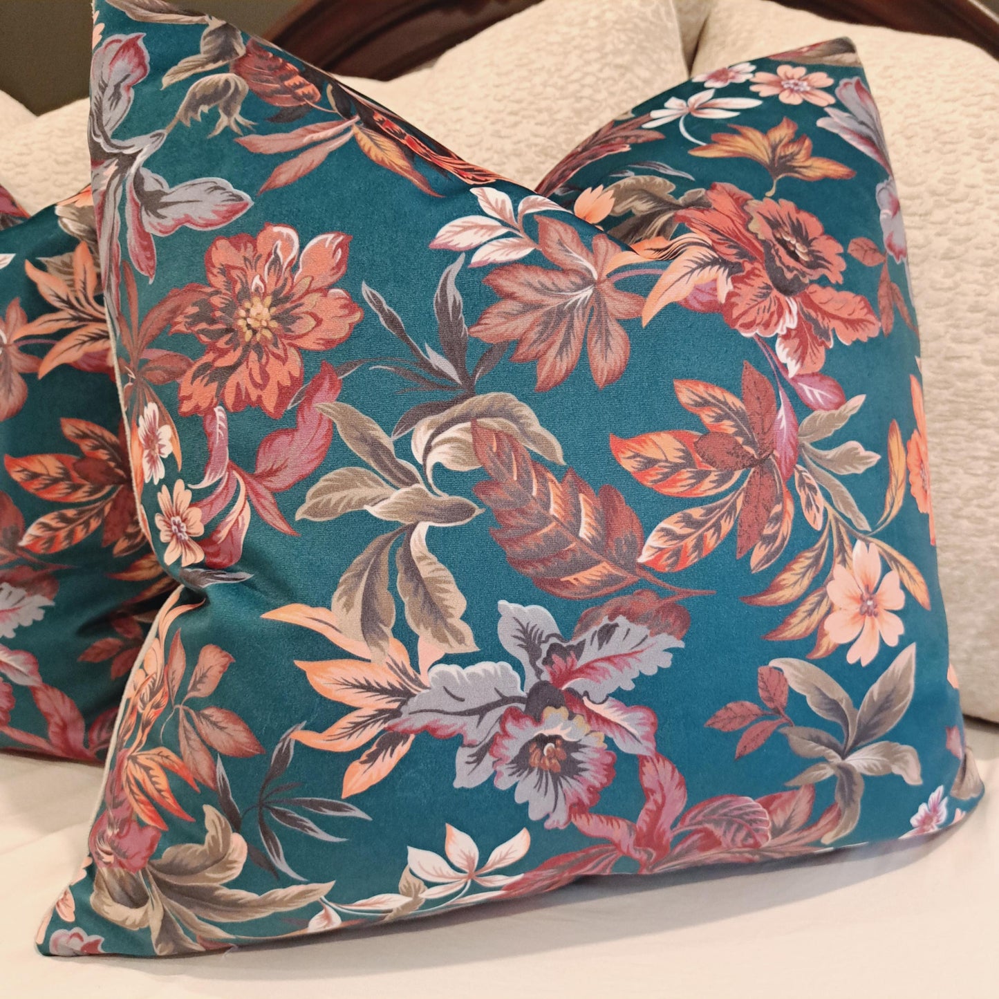 Teal and Grey Velvet Floral Pillow Cover