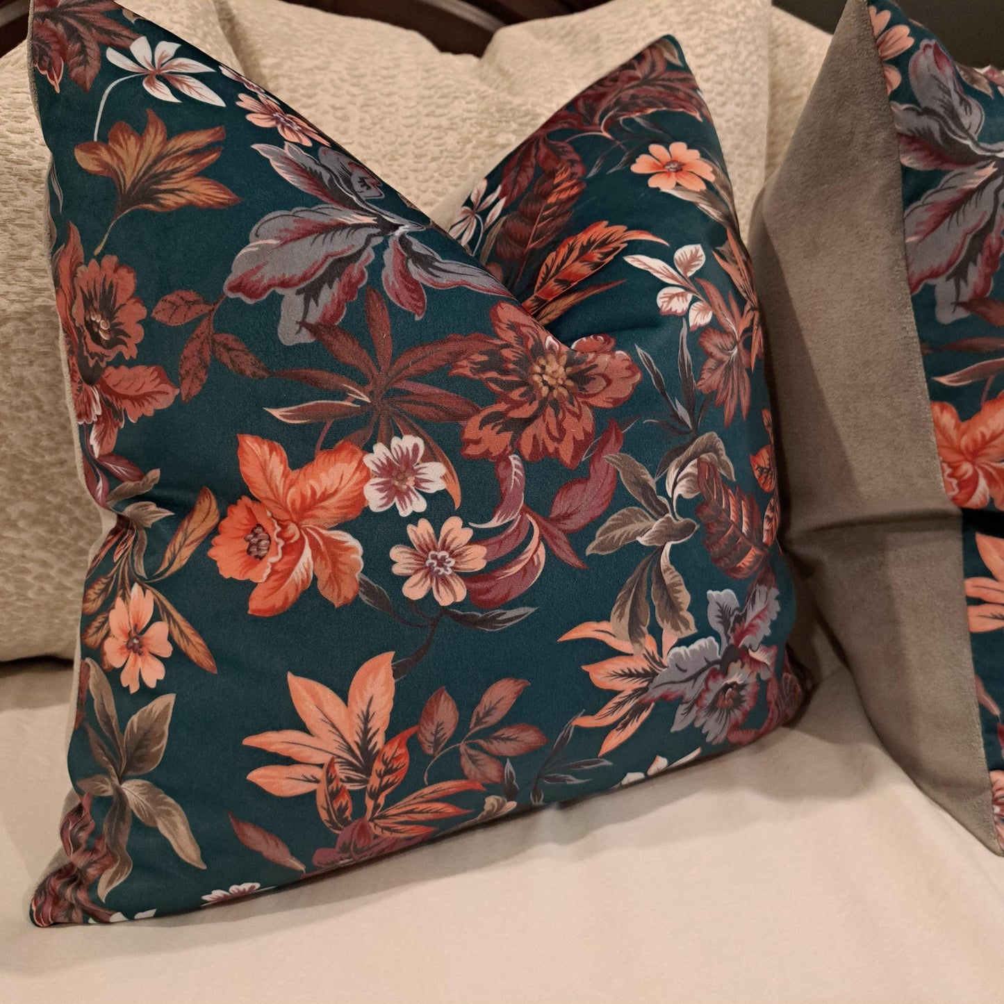Teal and Grey Velvet Floral Pillow Cover