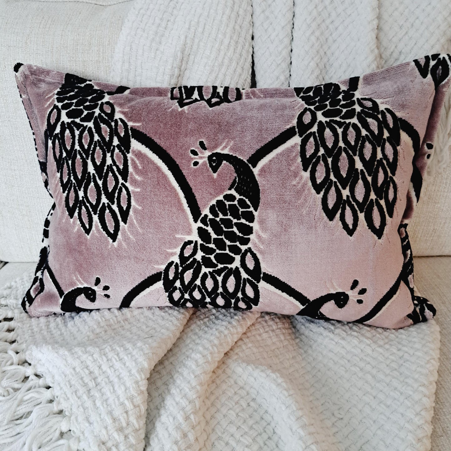 Mauve Black and White Peacock Velvet Pillow Cover