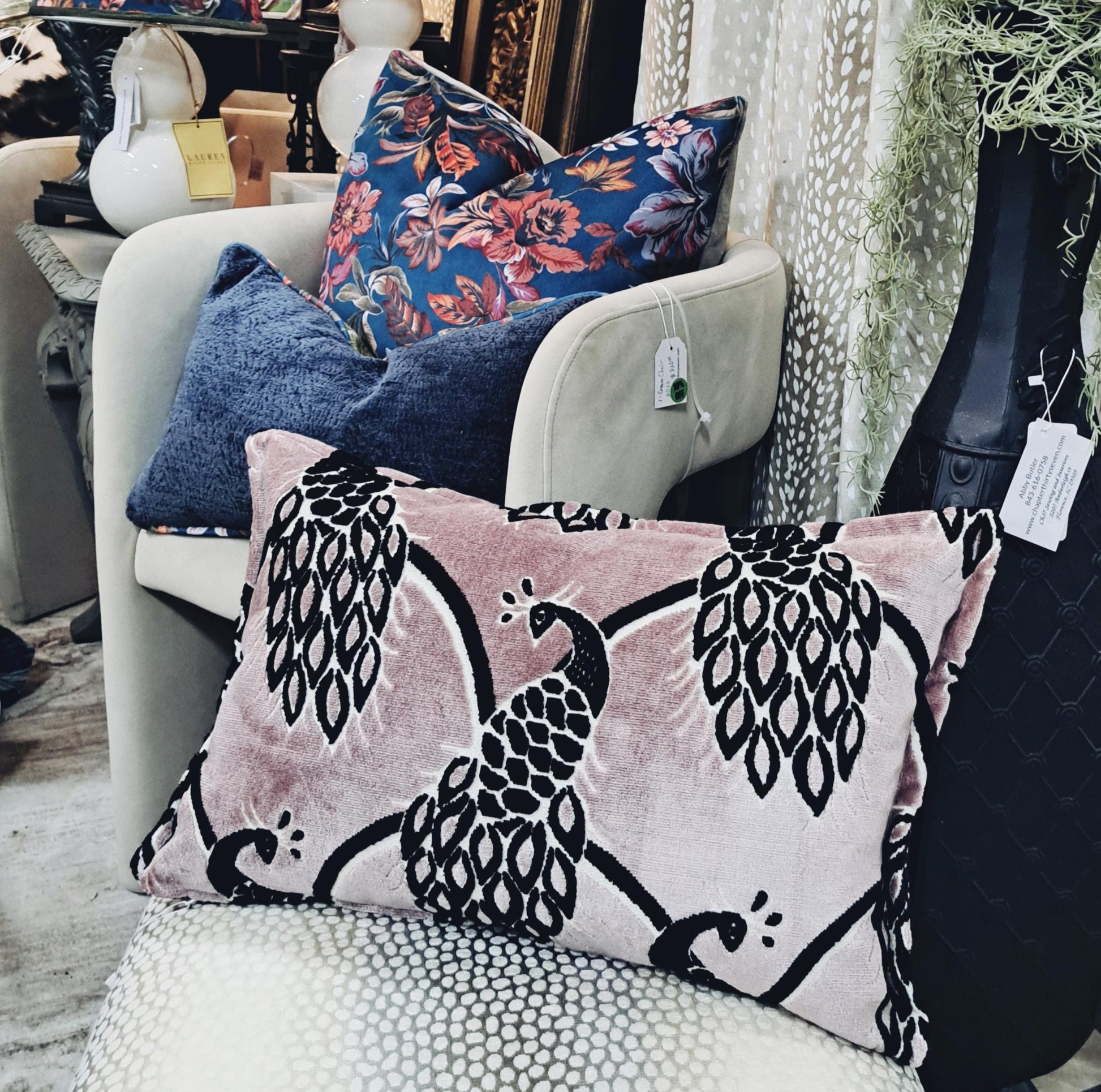Mauve Black and White Peacock Velvet Pillow Cover