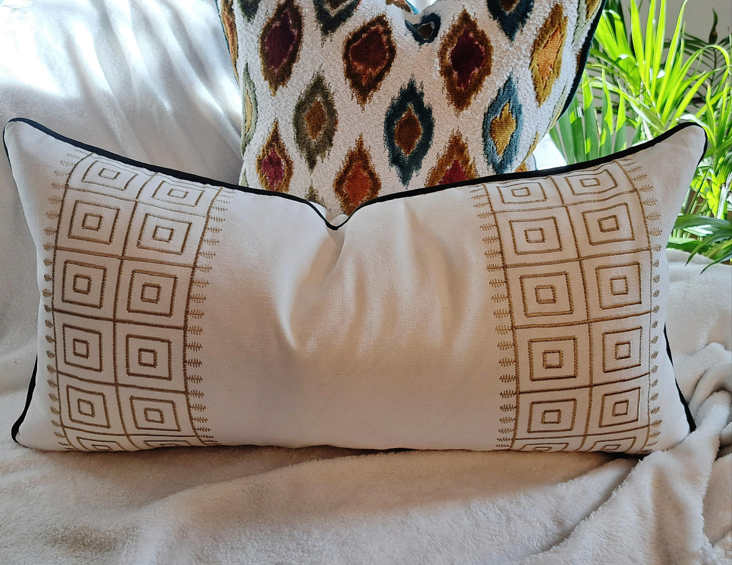 Embroidered Gold Key Stripe Cream Pillow cover
