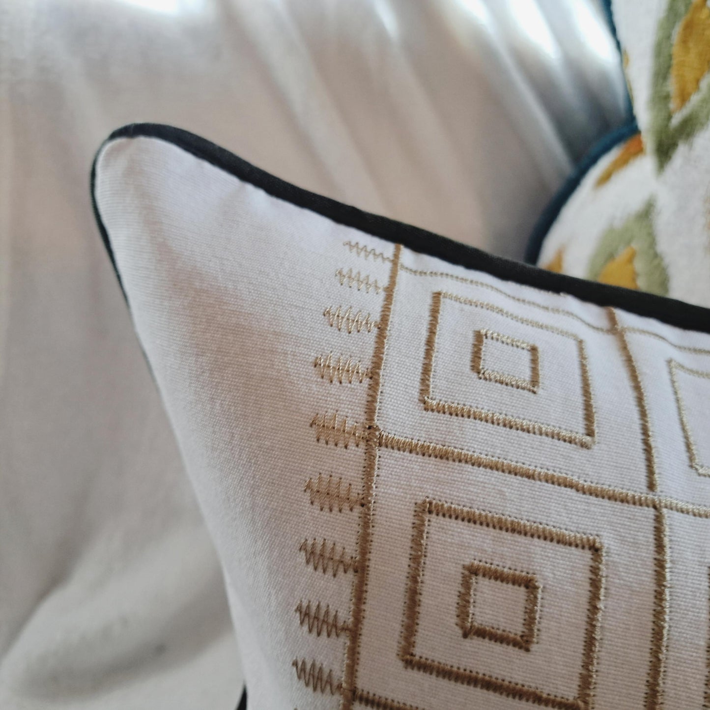 Embroidered Gold Key Stripe Cream Pillow cover