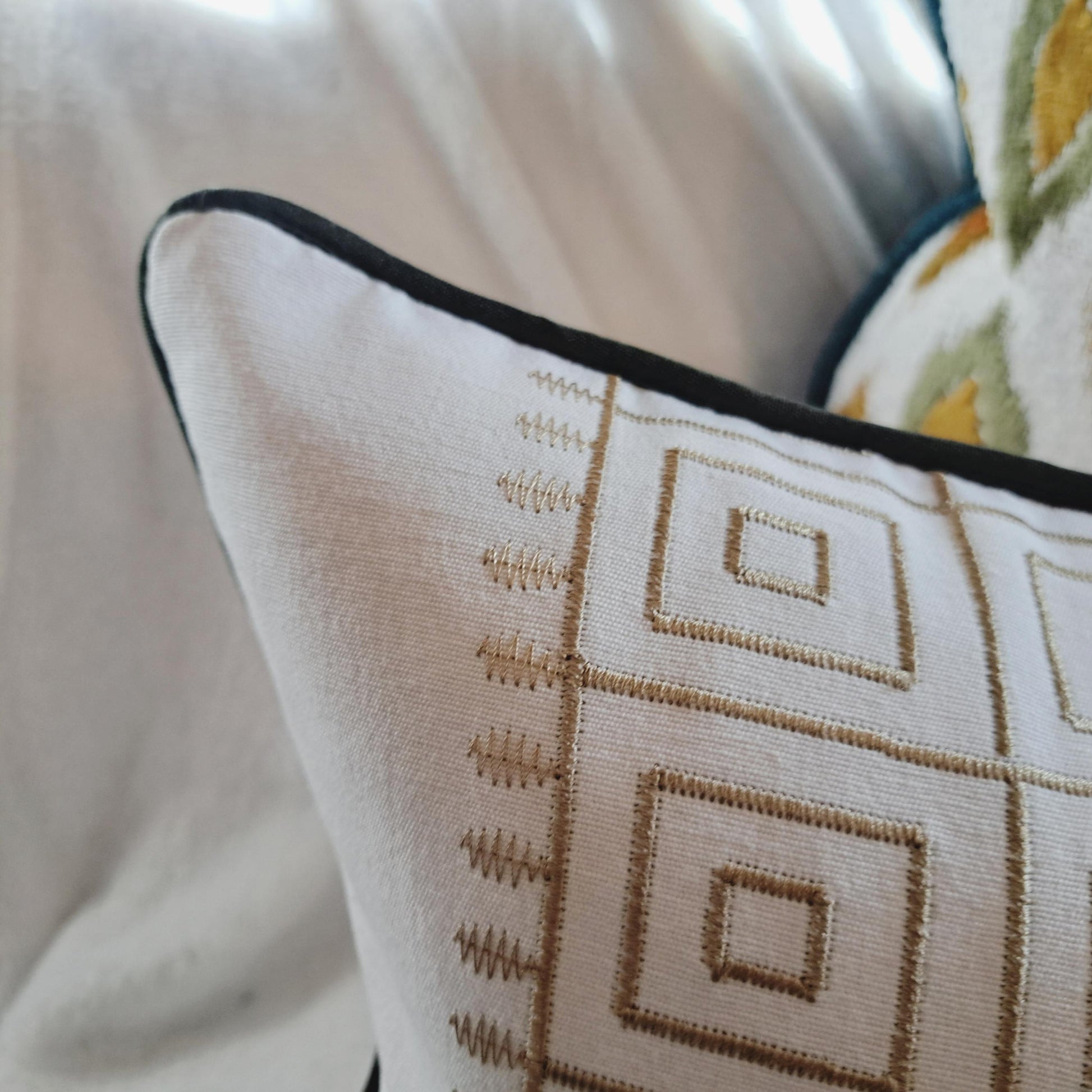 Embroidered Gold Key Stripe Cream Pillow cover