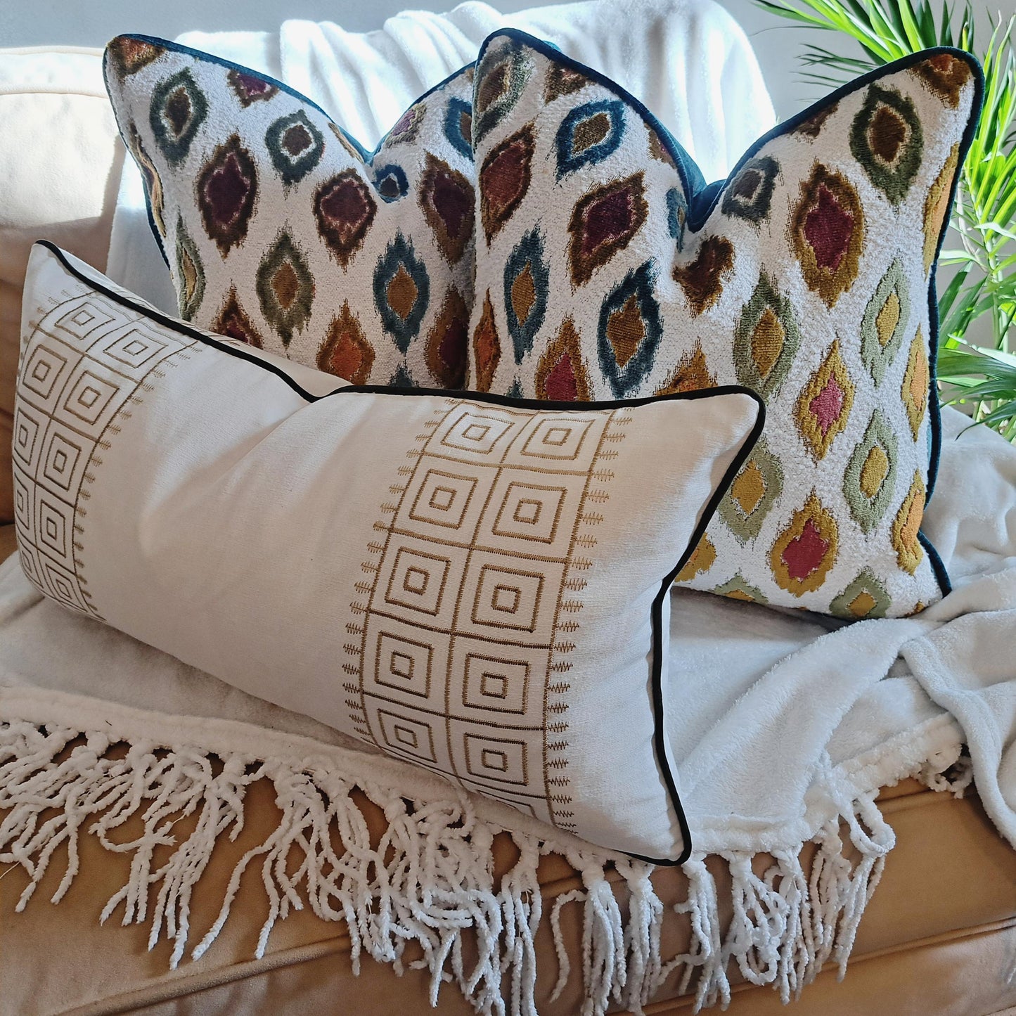 Embroidered Gold Key Stripe Cream Pillow cover