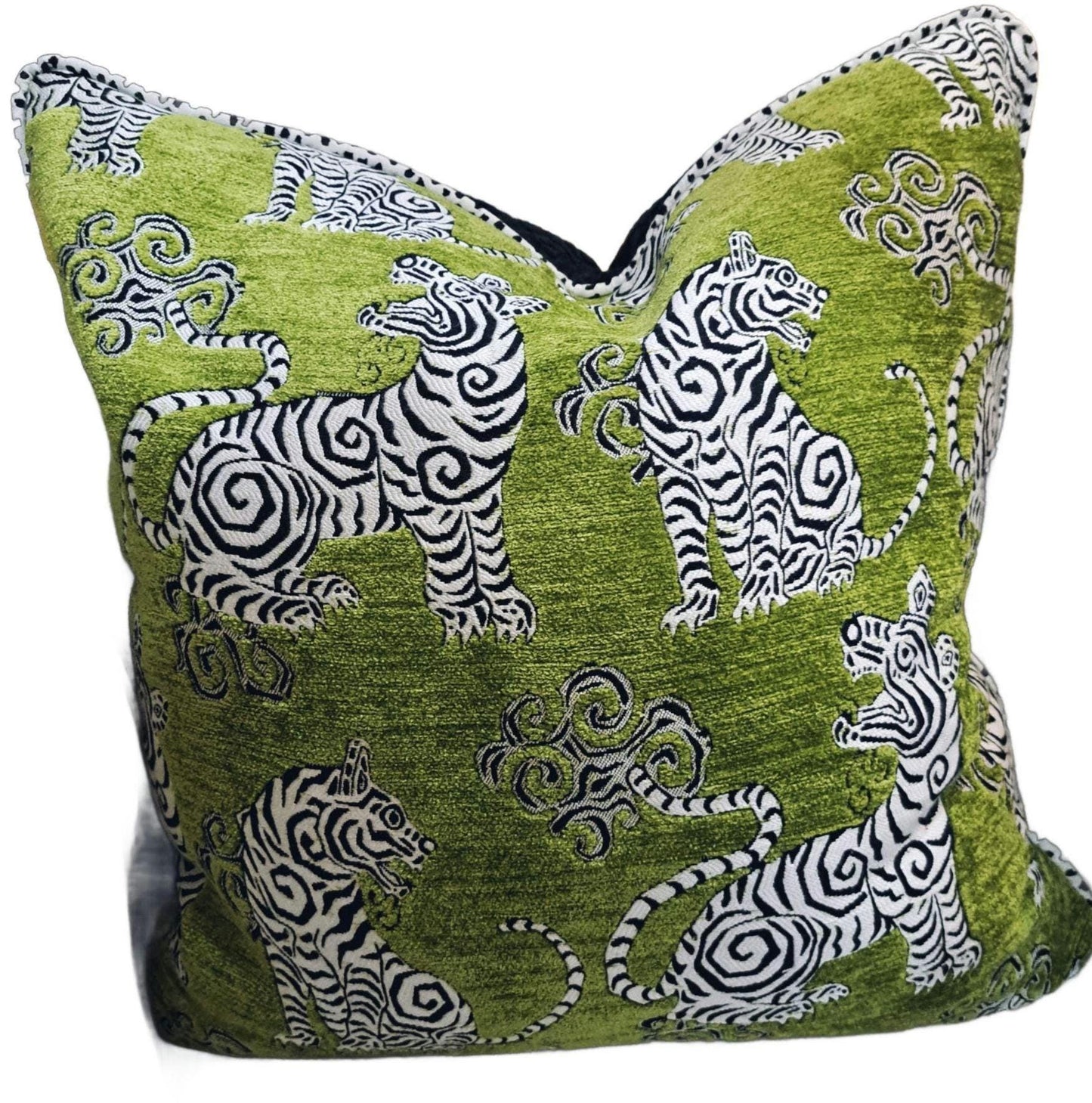 Bengal Tiger Apple Green Pillow Cover Black and White Trim