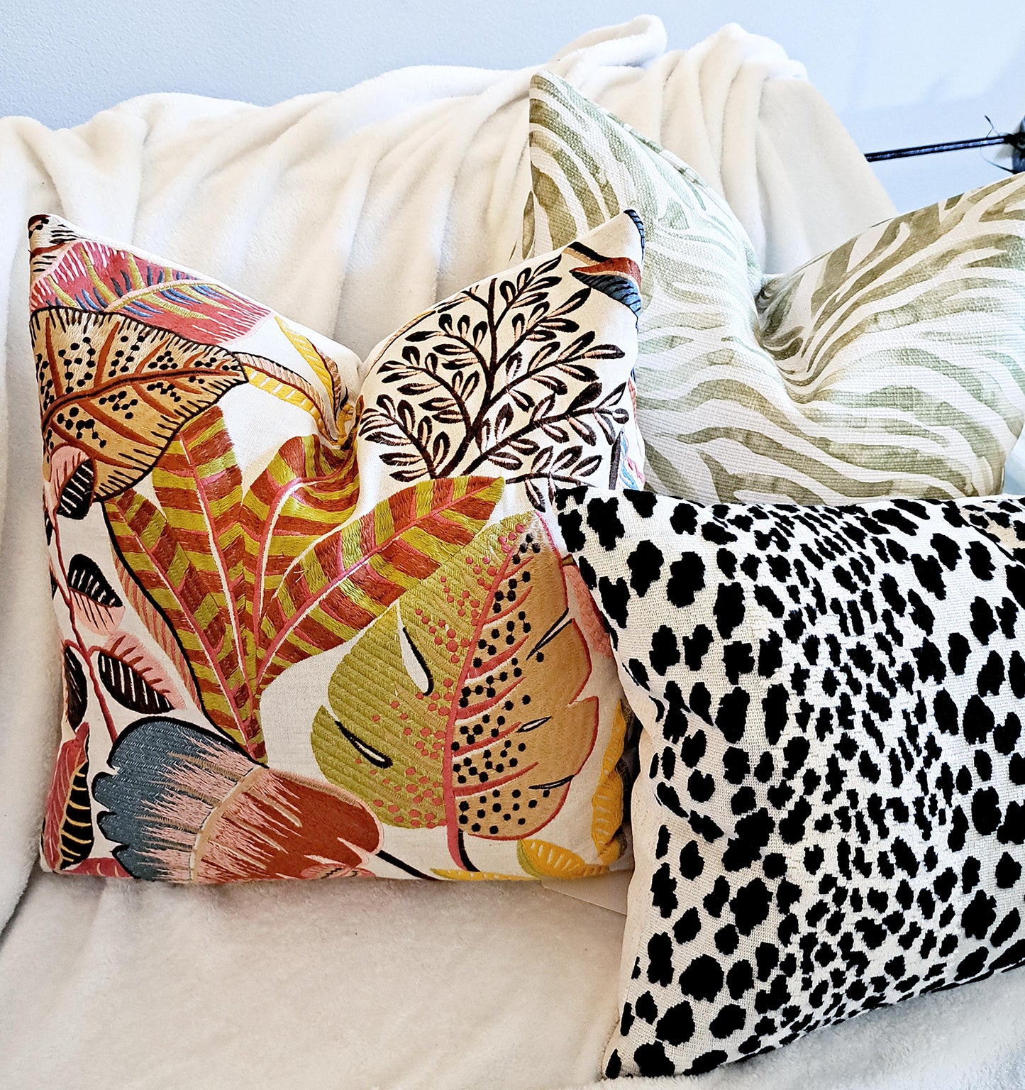 Melon Coral Embroidered Floral Pillow Cover