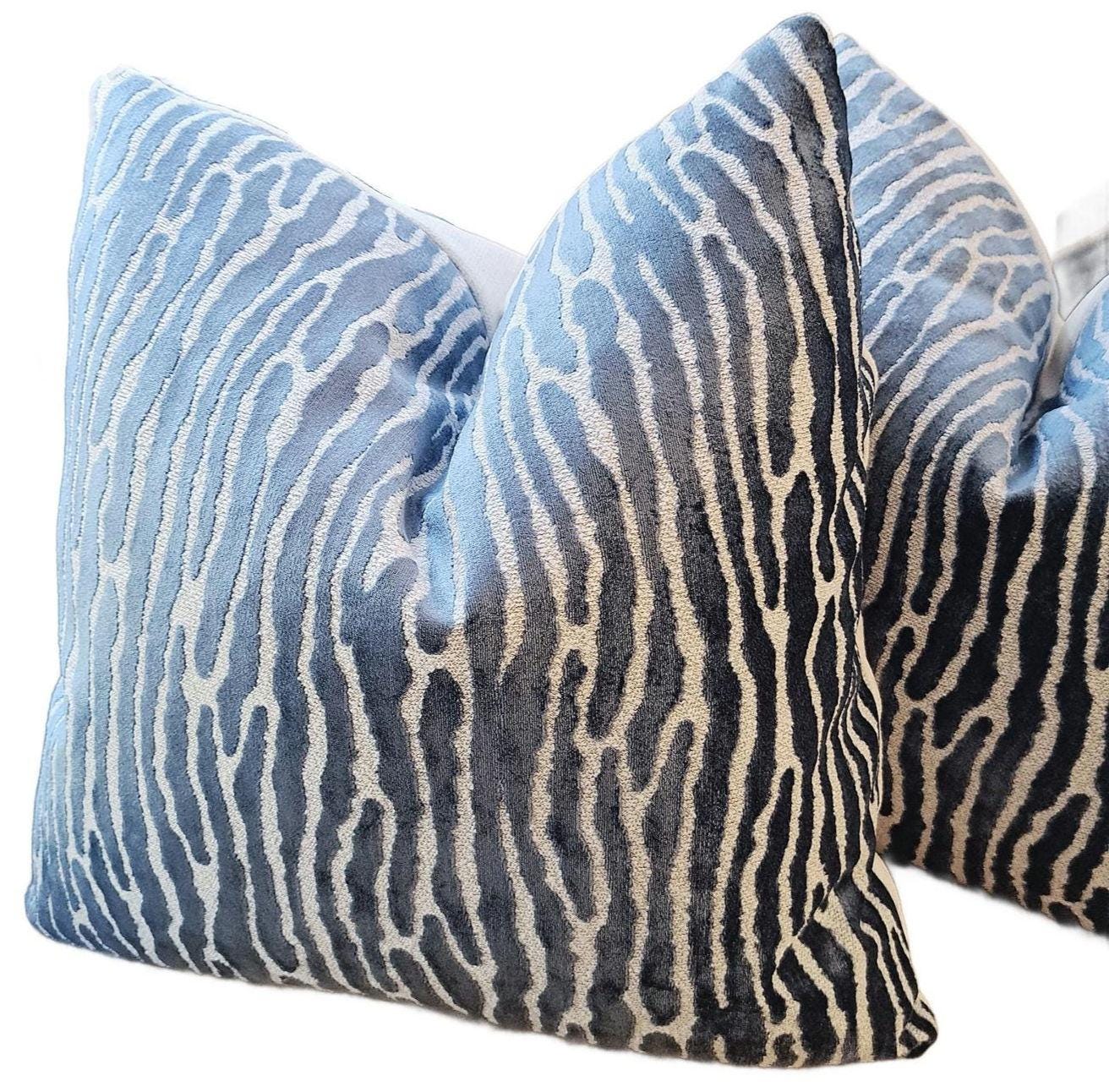 Bedford Marine Blue Abstract Stripe Cut Velvet Pillow Cover