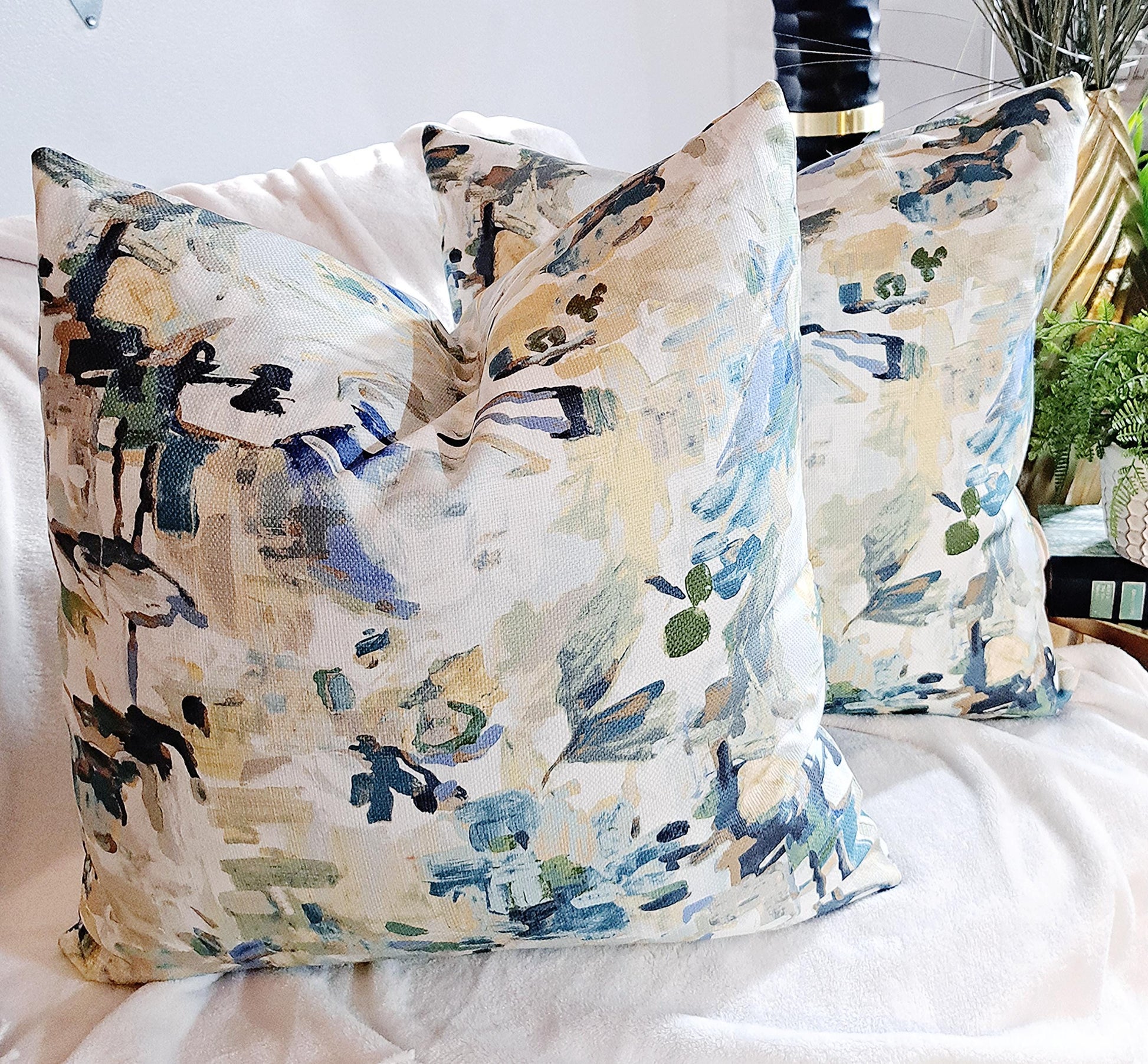 Watercolor Abstract Floral Blue Green Pillow Cover