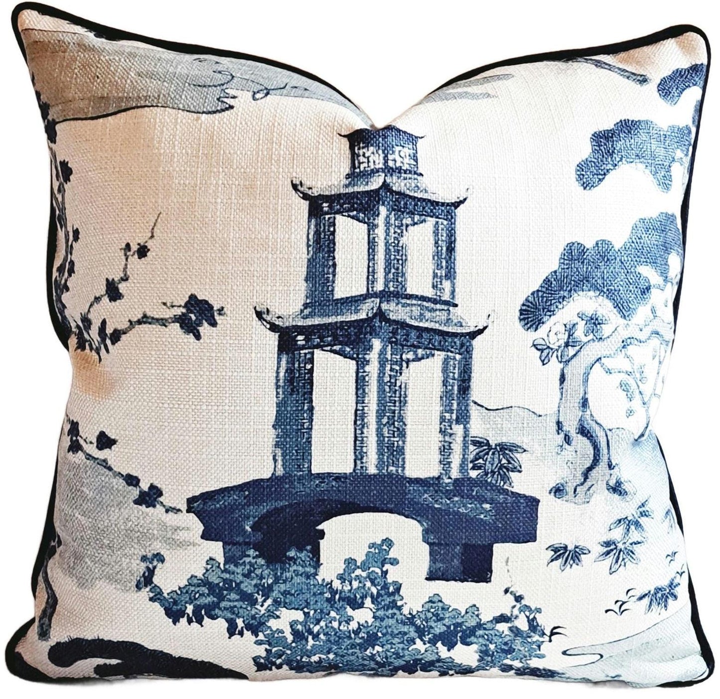 BLUE and white pagoda Chinoiserie print pillow cover