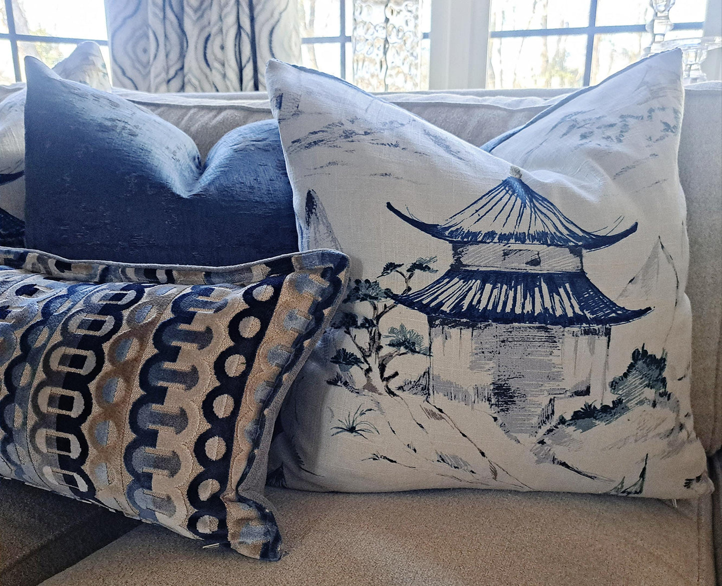 Navy Blue Sketch Pagoda Pillow Cover