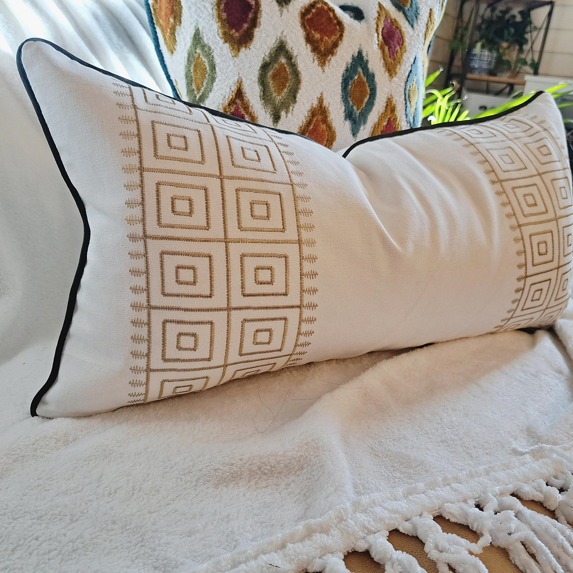 Embroidered Gold Key Stripe Cream Pillow cover