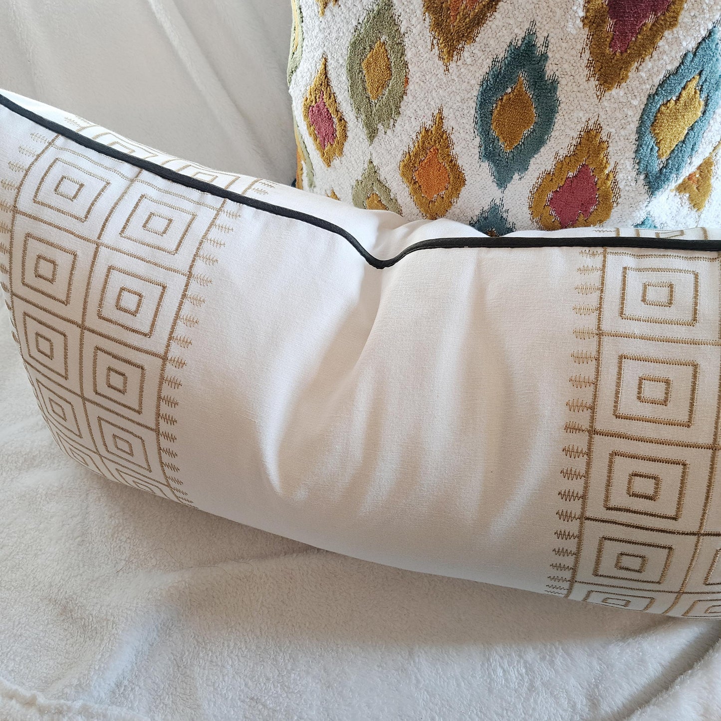 Embroidered Gold Key Stripe Cream Pillow cover