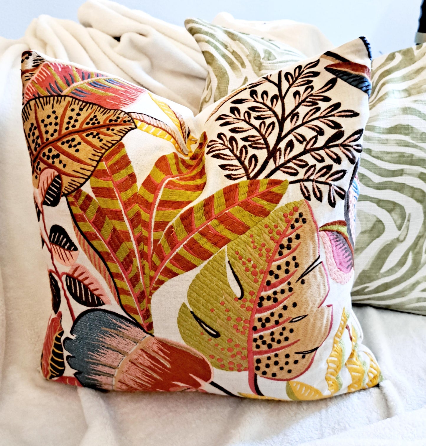 Melon Coral Embroidered Floral Pillow Cover