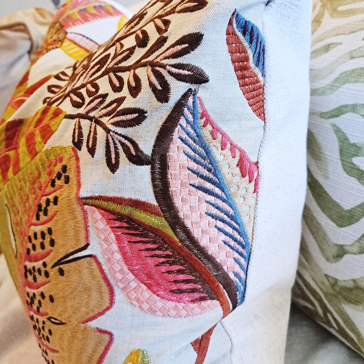 Melon Coral Embroidered Floral Pillow Cover