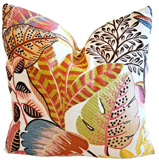 Melon Coral Embroidered Floral Pillow Cover