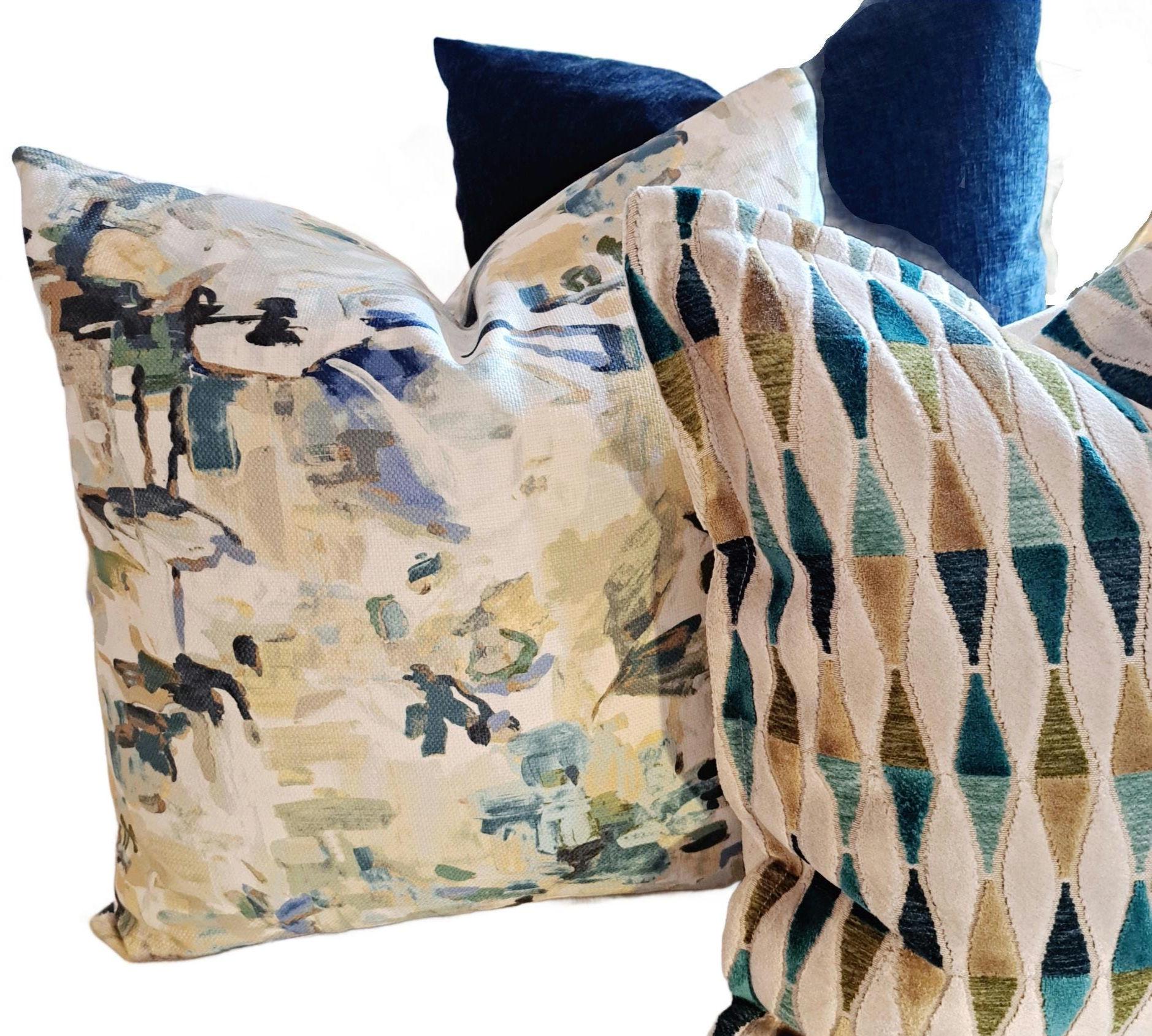 Watercolor Abstract Floral Blue Green Pillow Cover