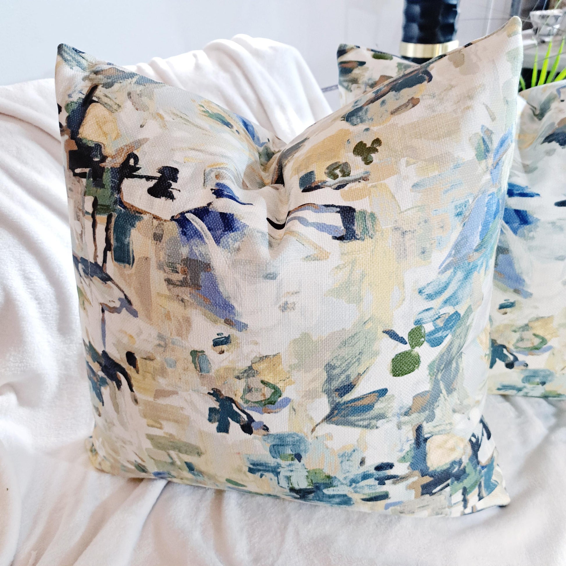 Watercolor Abstract Floral Blue Green Pillow Cover