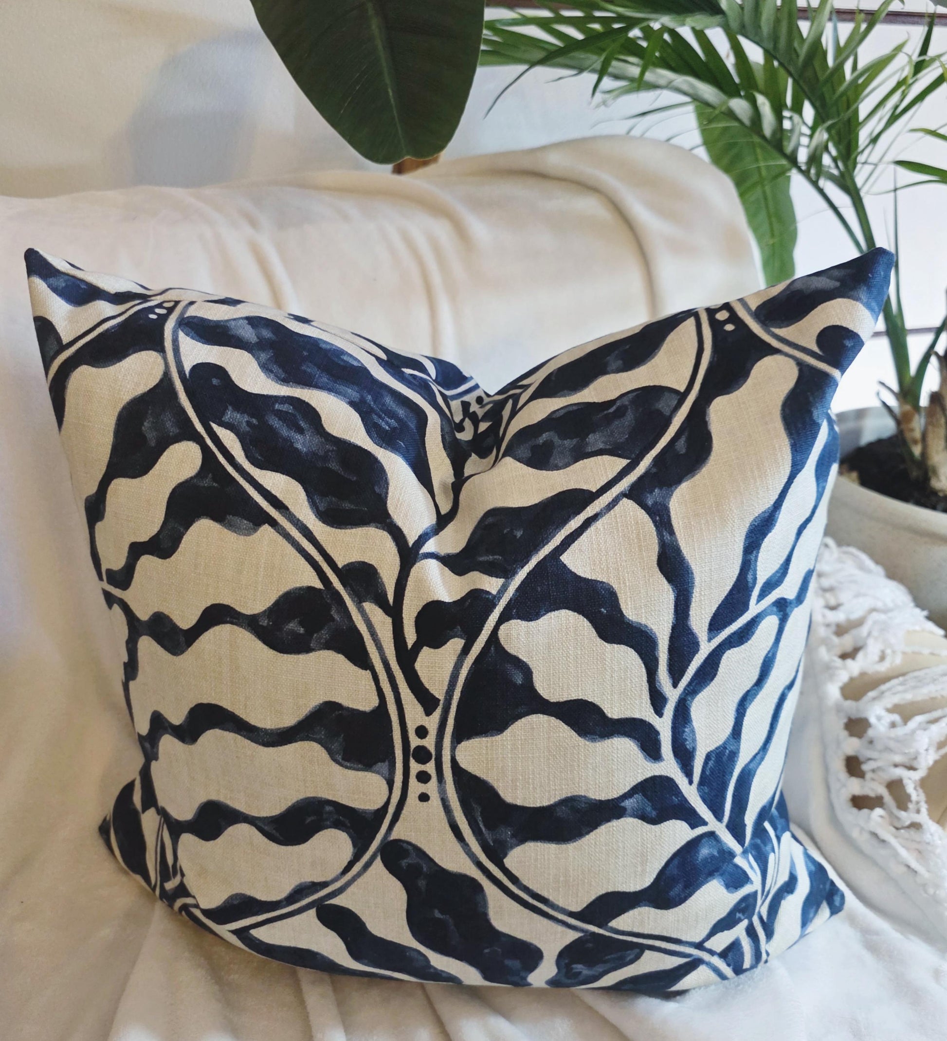 Navy Leaves Pillow Cover