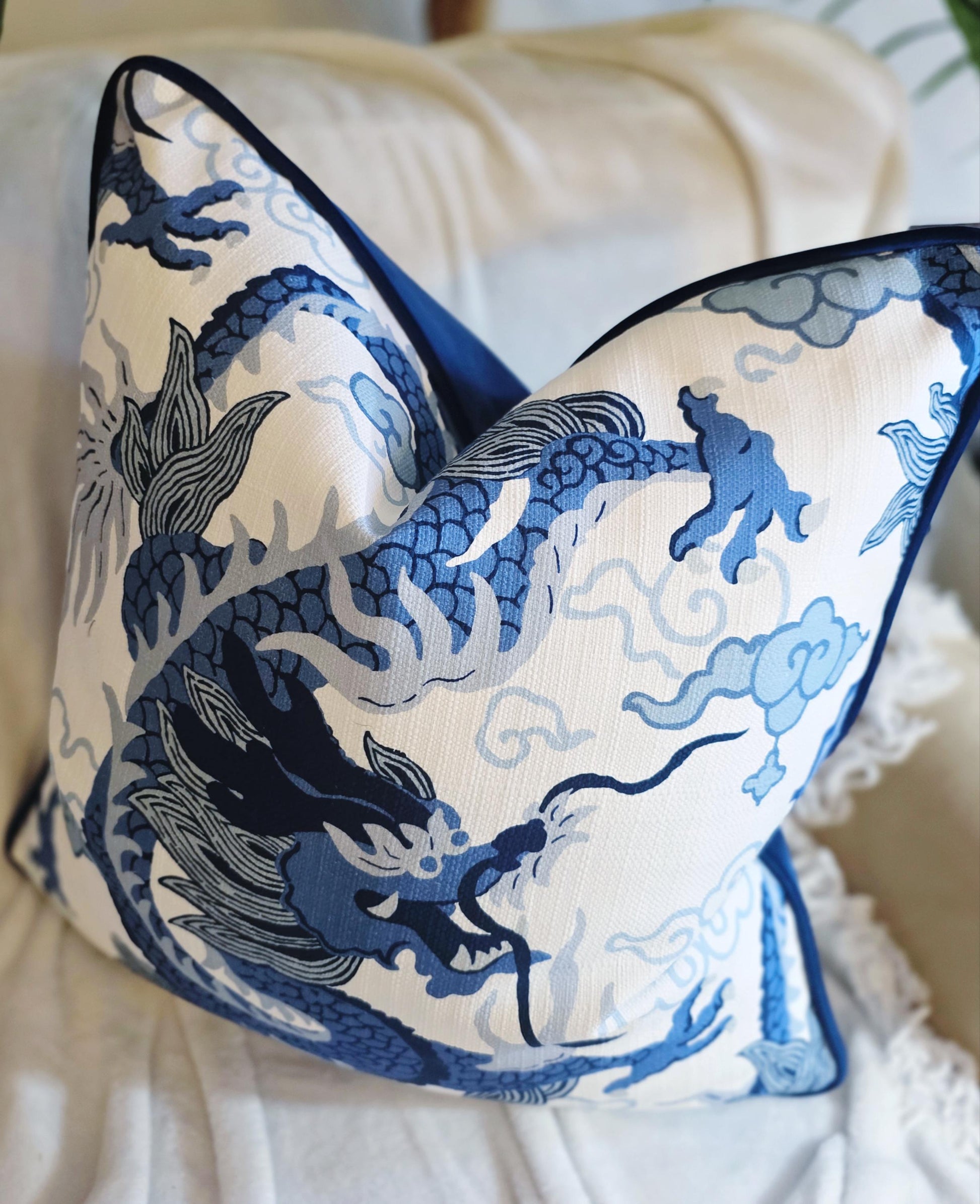 Royal Dragon Porcelain Blue Pillow Cover