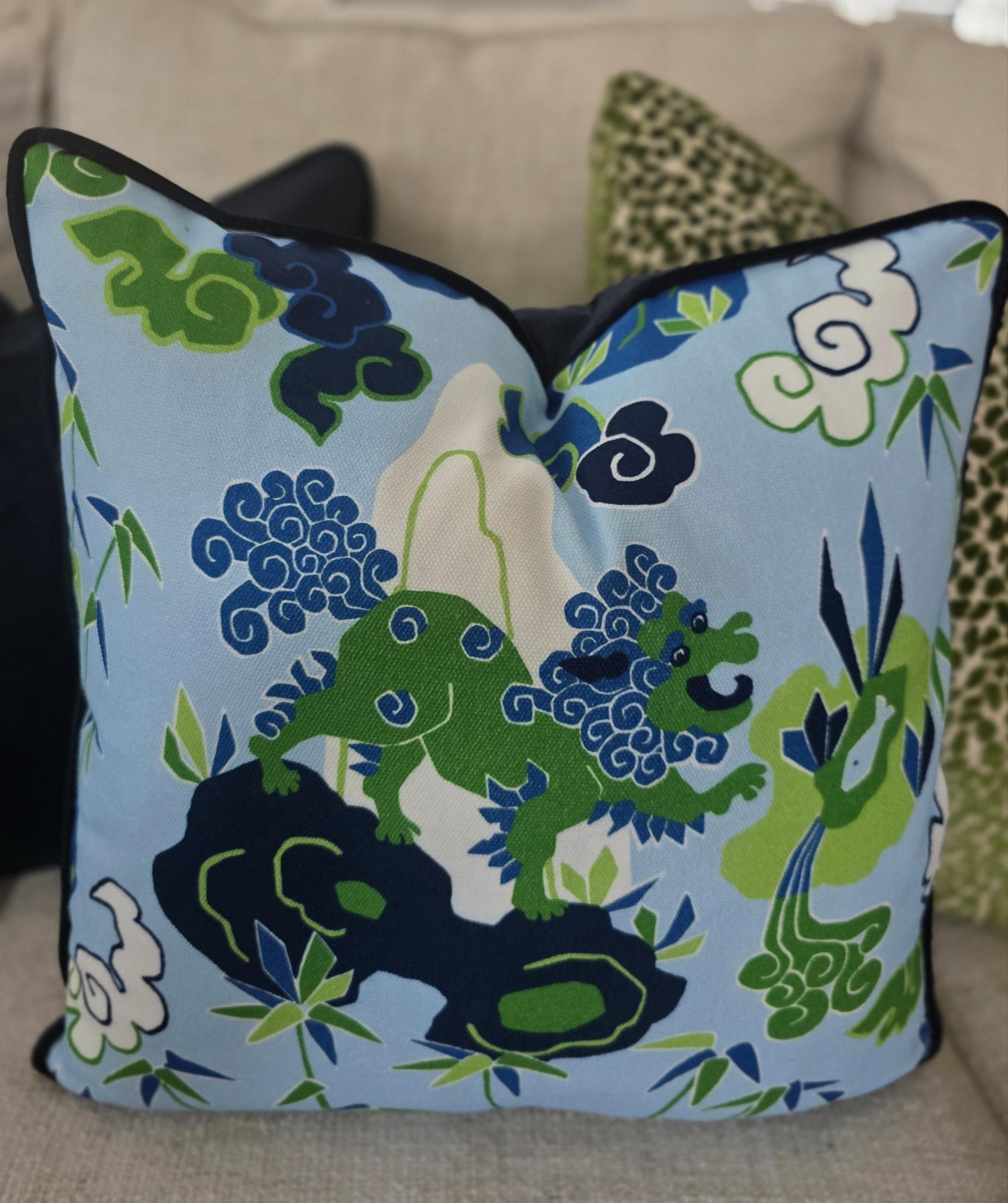 Playful Chinoiserie Lion Pillow Cover