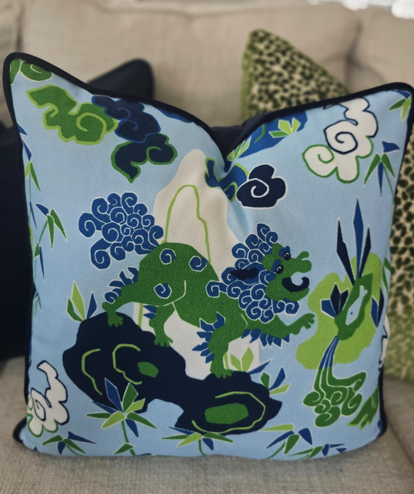 Playful Chinoiserie Lion Pillow Cover