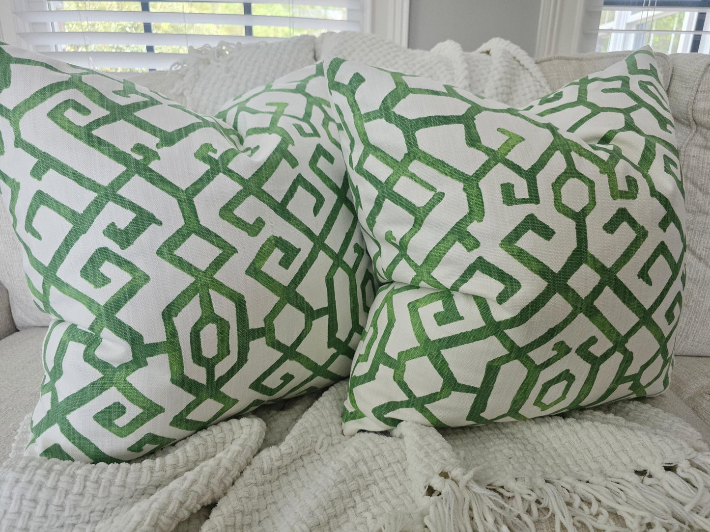 Courtyard Green Geometric Trellis Pattern Pillow Cover