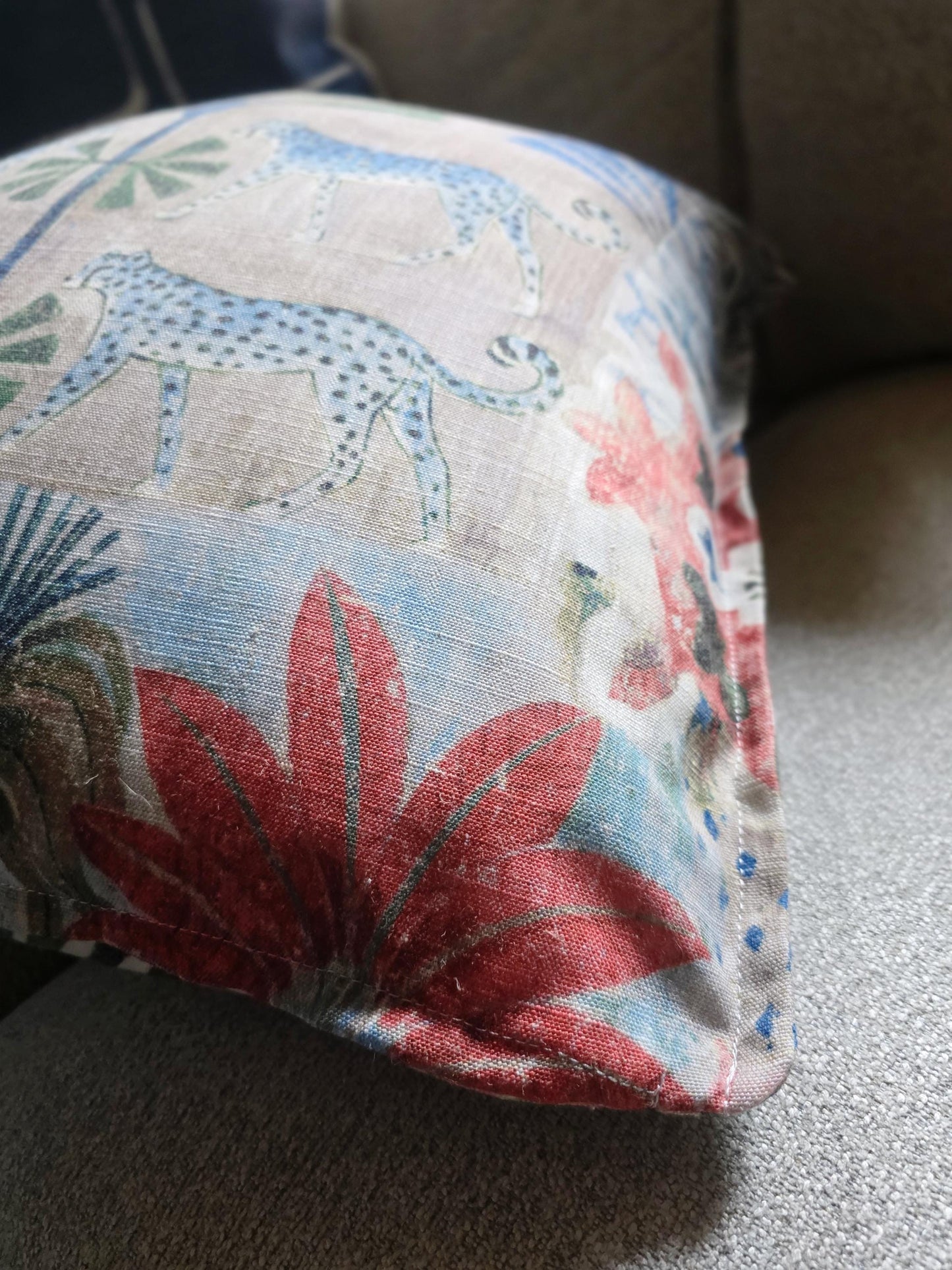 Blue Leopard and Palm Tree Linen Pillow Cover