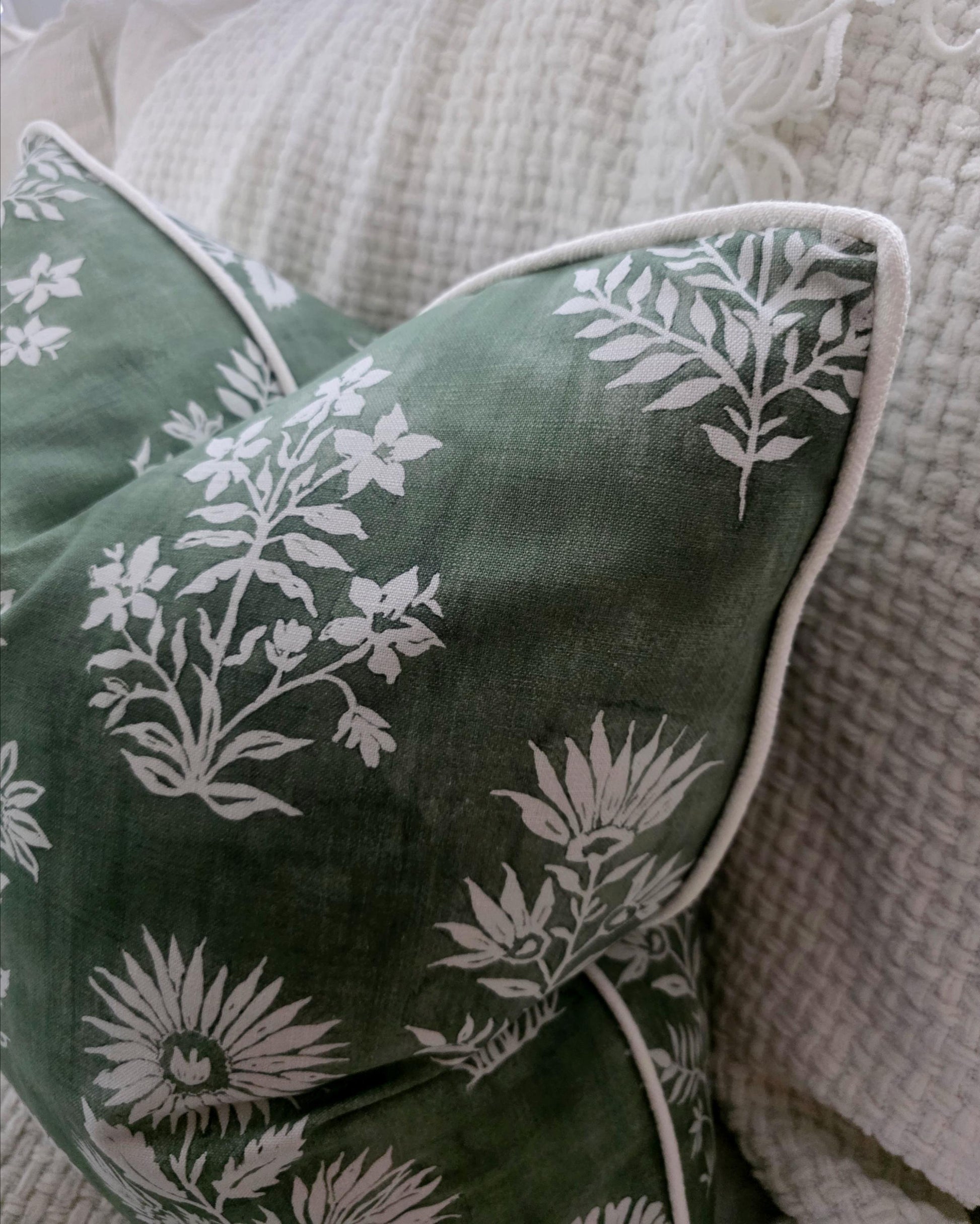 Green and White Block Floral Pillow Cover