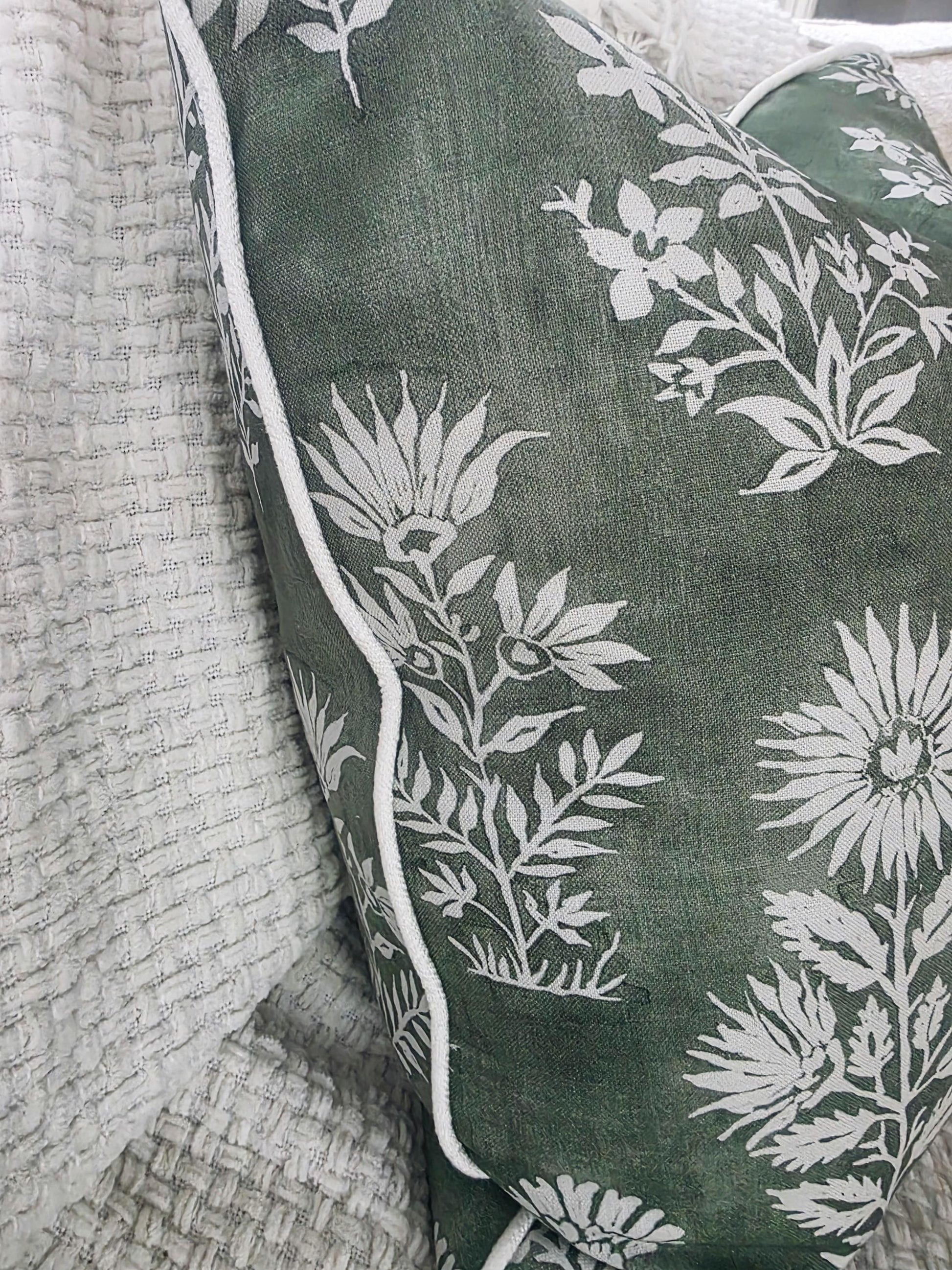 Green and White Block Floral Pillow Cover