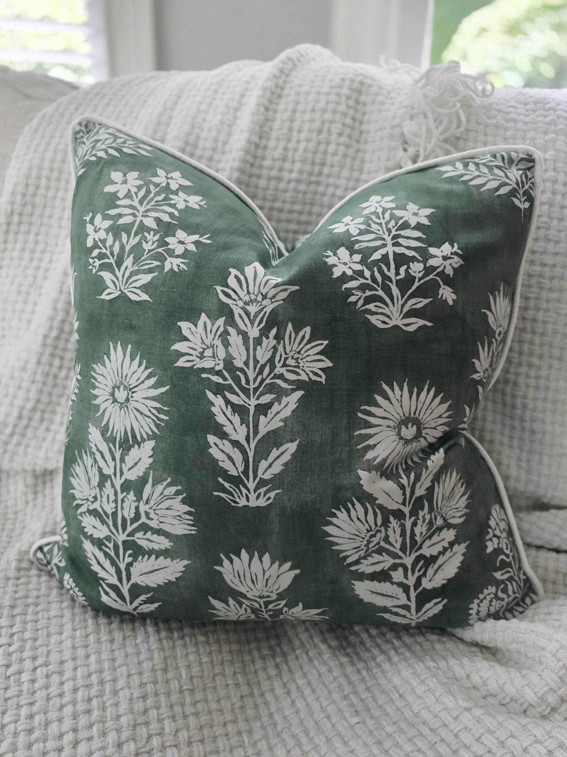 Green and White Block Floral Pillow Cover