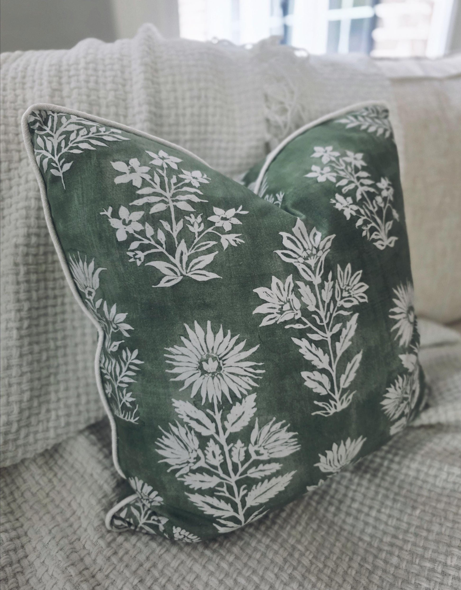 Green and White Block Floral Pillow Cover