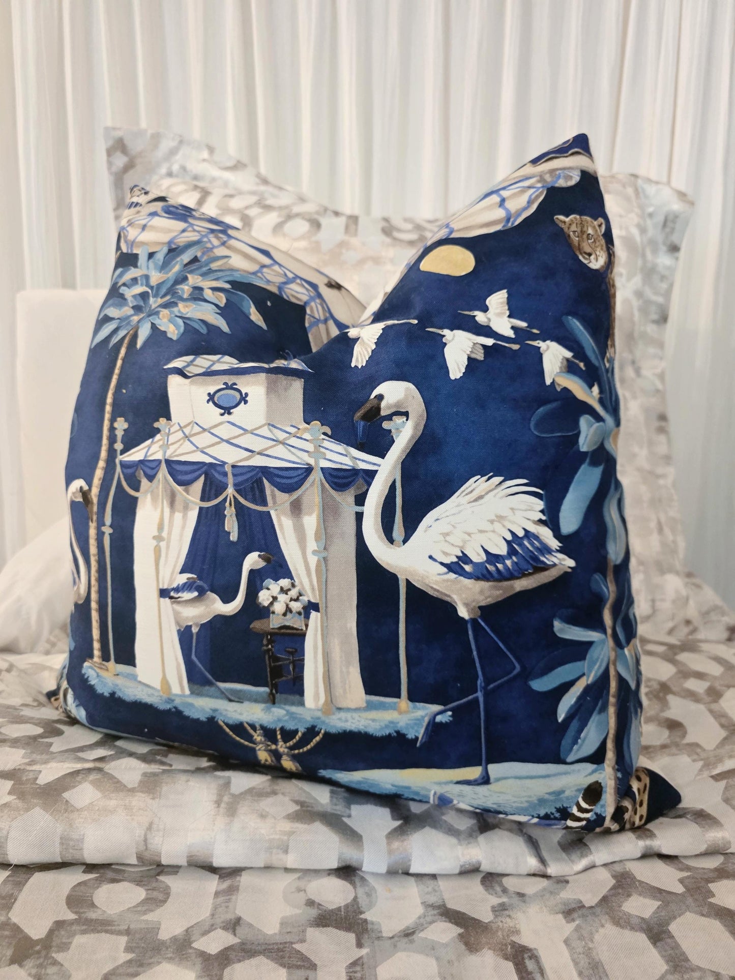 Navy Bird and Leopard Chinoiserie Pillow Cover