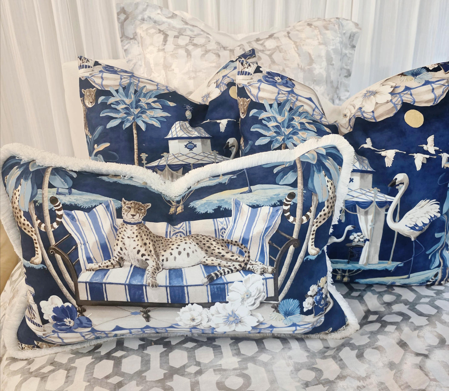 Navy Bird and Leopard Chinoiserie Pillow Cover