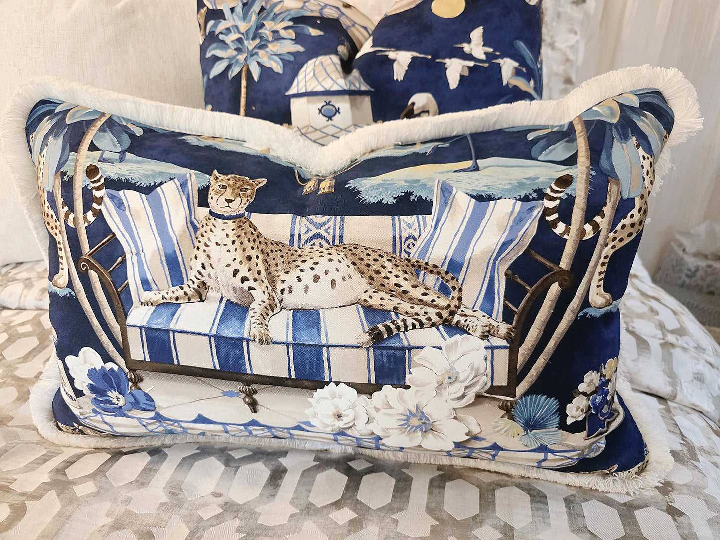 Navy Bird and Leopard Chinoiserie Pillow Cover