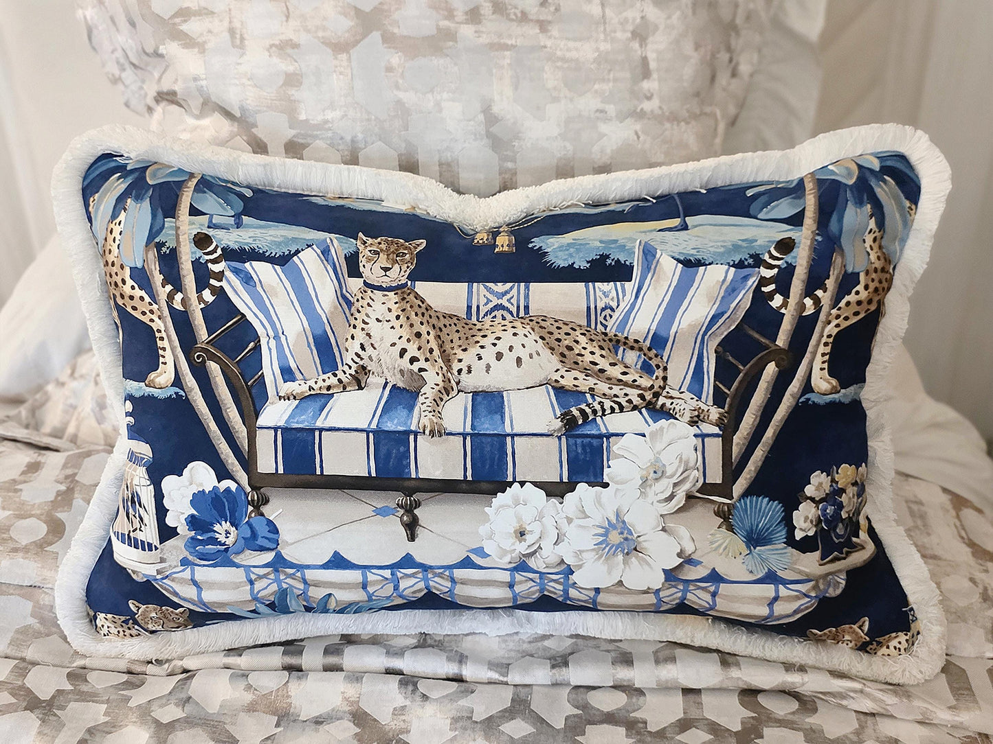 Navy Bird and Leopard Chinoiserie Pillow Cover