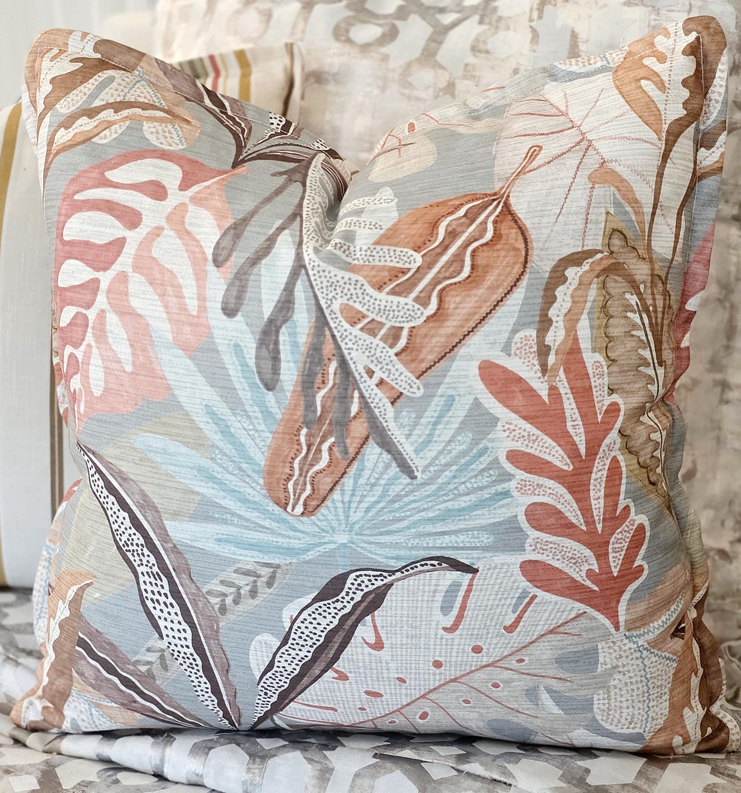 Coral Seafoam Tropical Floral and Stripe Pillow Cover