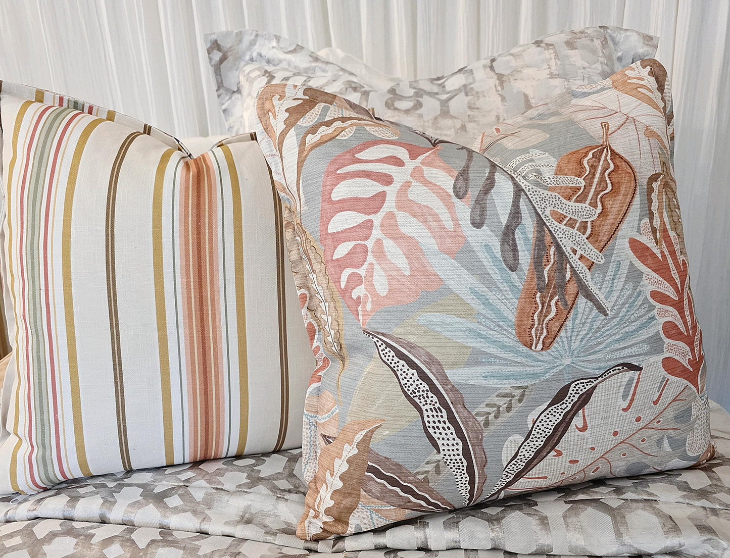 Coral Seafoam Tropical Floral and Stripe Pillow Cover