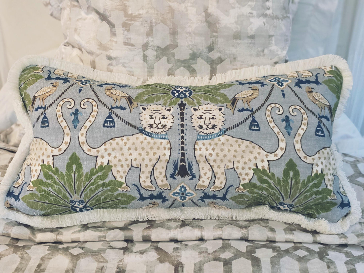 Blue Happy Jaguar Chinoiserie Pillow Cover