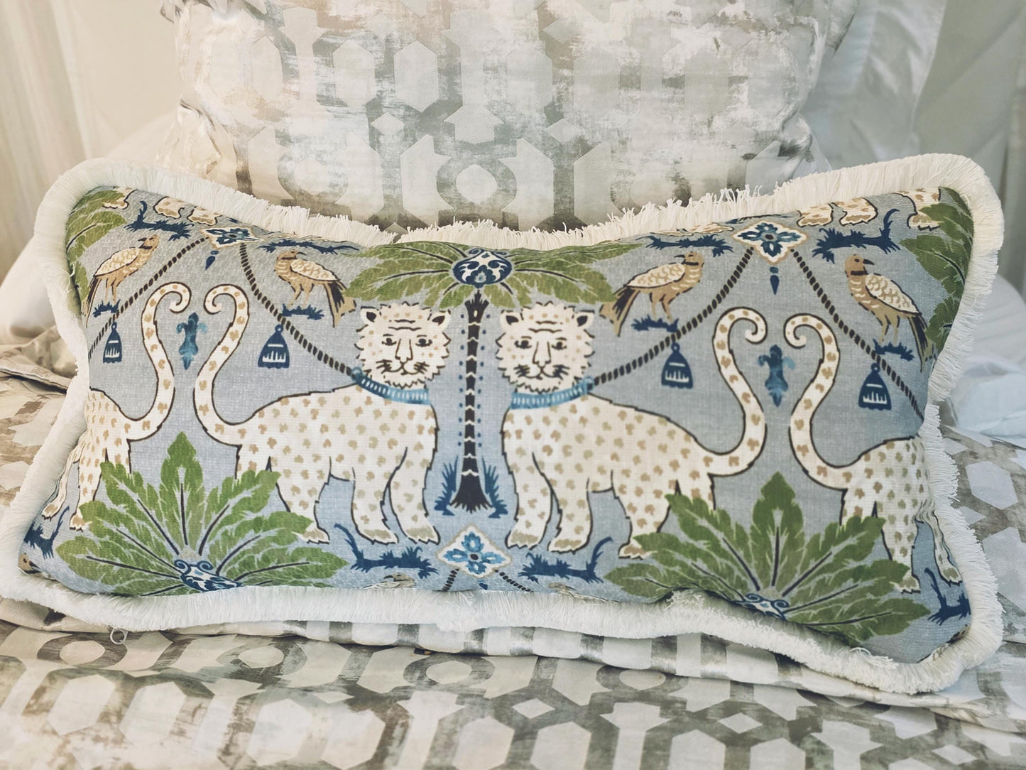 Blue Happy Jaguar Chinoiserie Pillow Cover