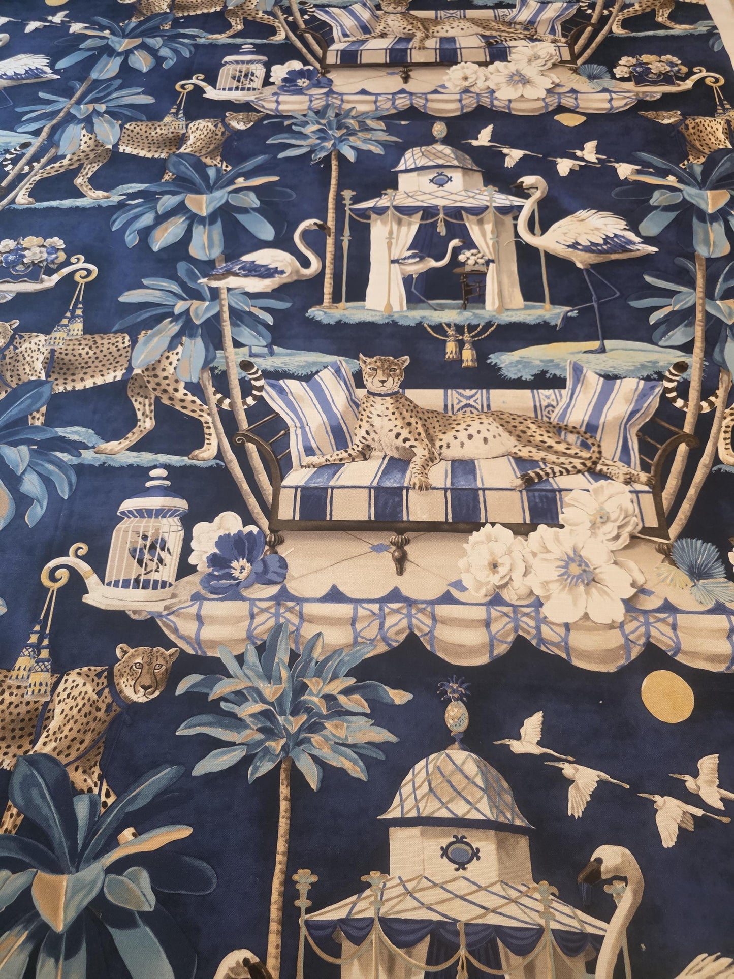Navy Bird and Leopard Chinoiserie Pillow Cover
